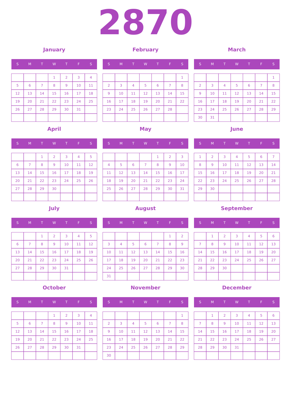Printable 2870 Year Calendars purple