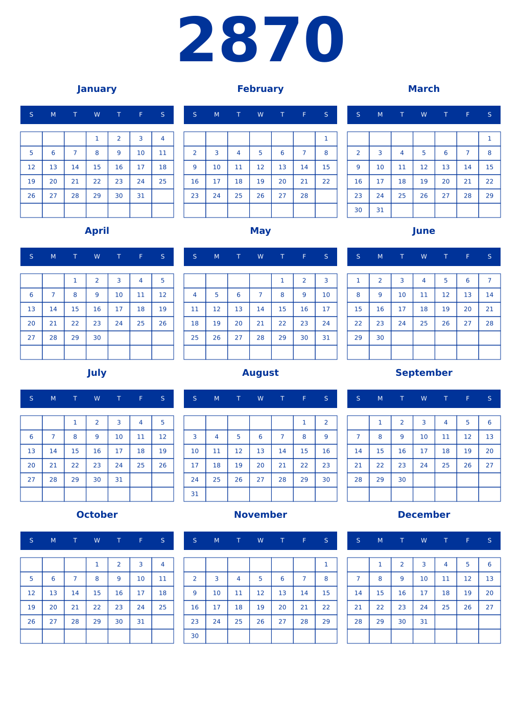 Printable 2870 Year Calendars smalt