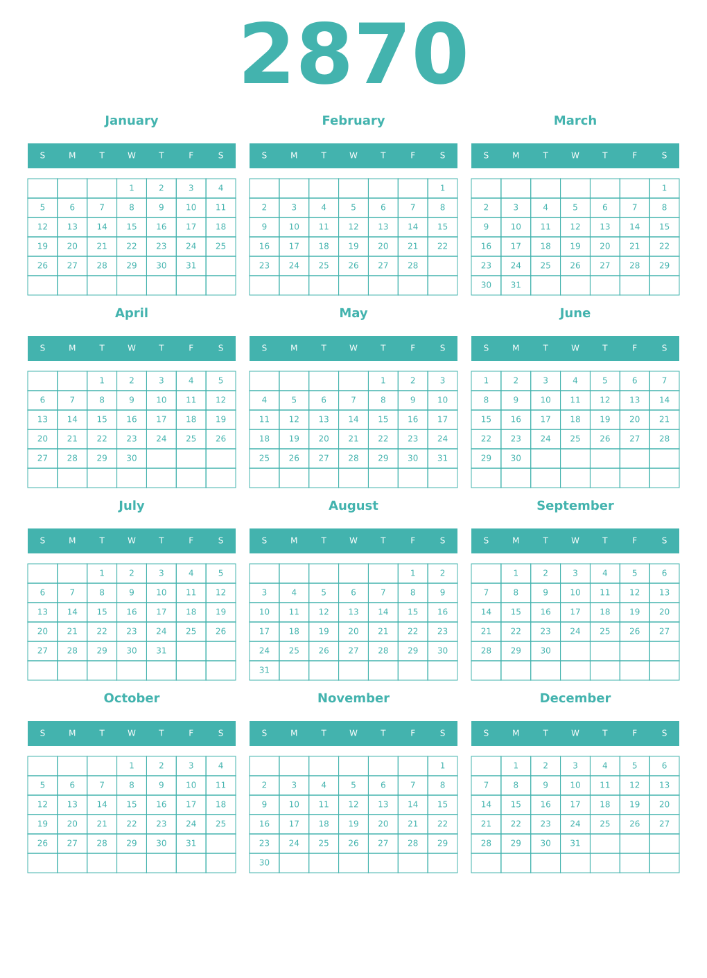 Printable 2870 Year Calendars verdigris
