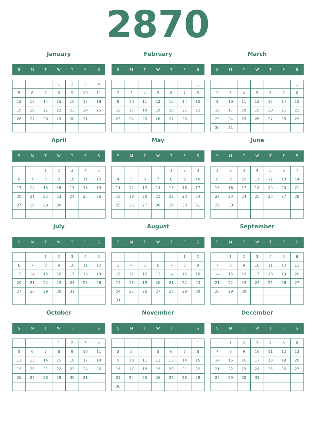 Printable 2870 Year Calendars viridian