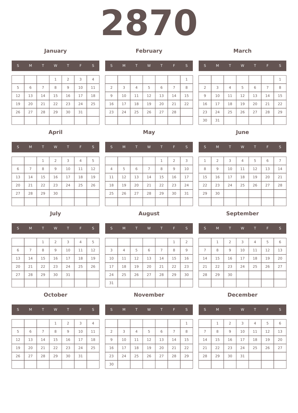 Printable 2870 Year Calendars wenge