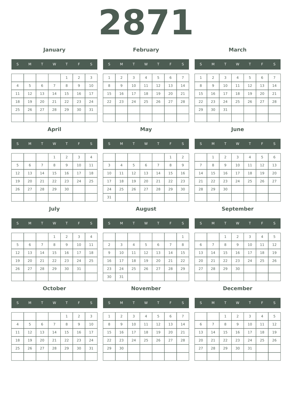 Printable 2871 Year Calendars feldgrau