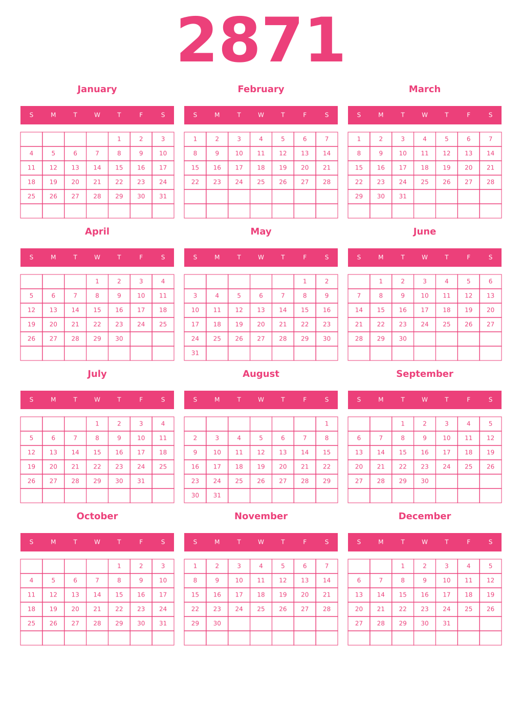 Printable 2871 Year Calendars pink