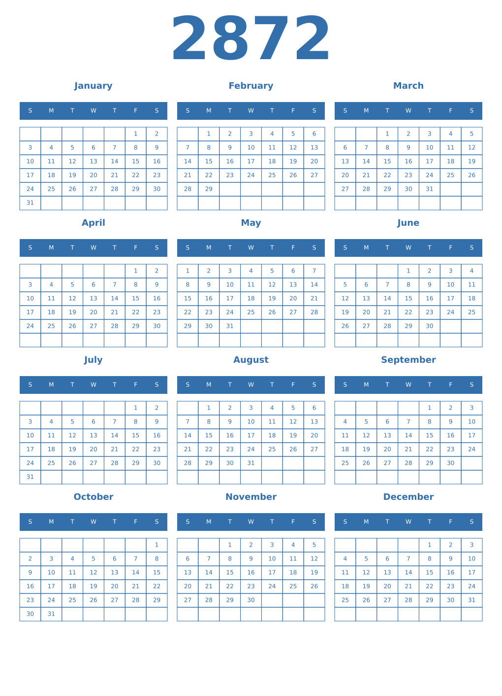 Printable 2872 Year Calendars blue