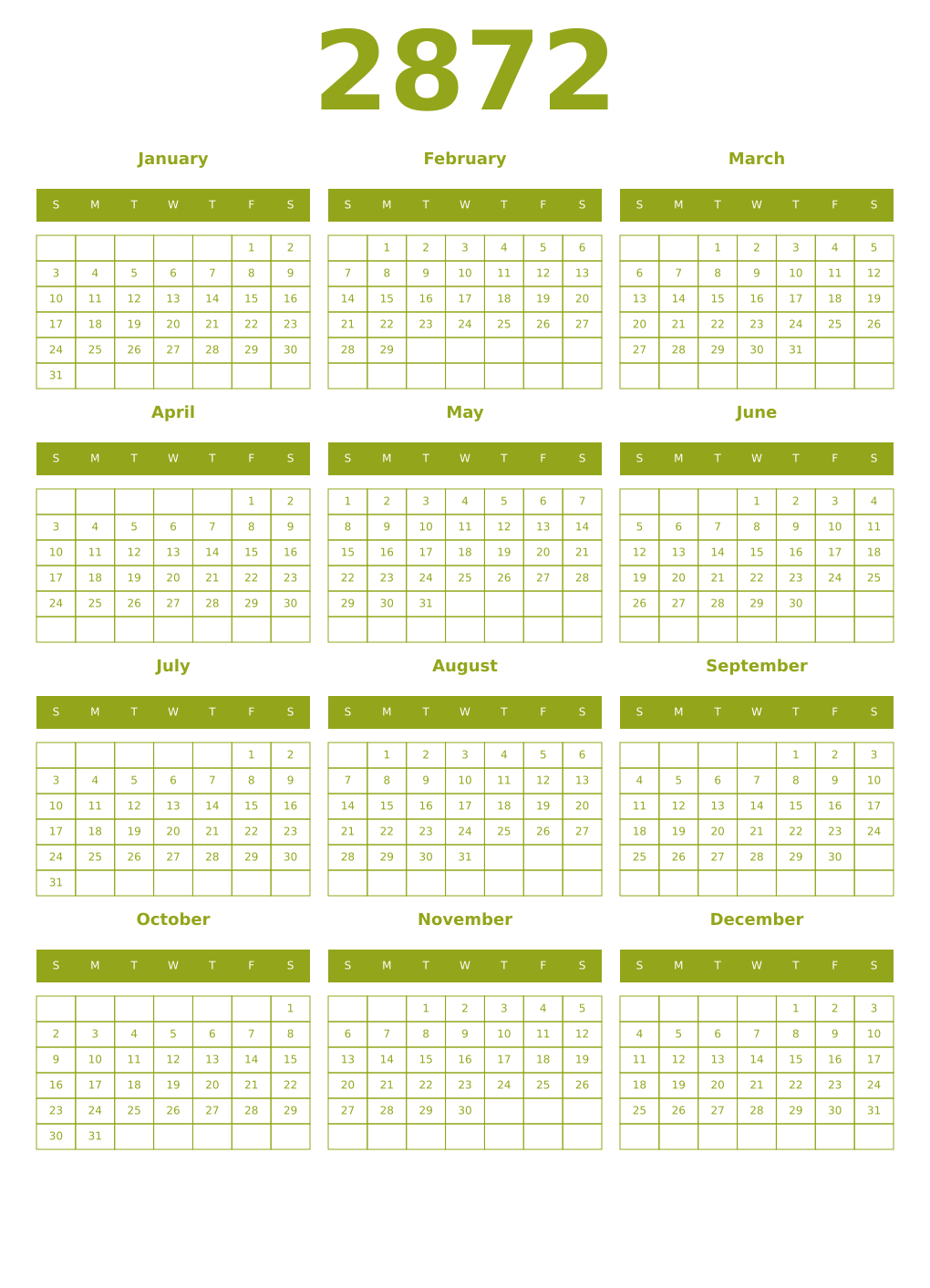 Printable 2872 Year Calendars chartreuse