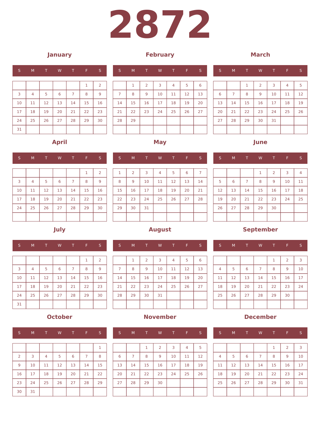 Printable 2872 Year Calendars cordovan