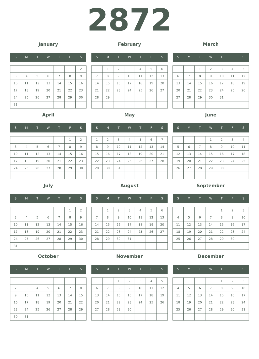 Printable 2872 Year Calendars feldgrau
