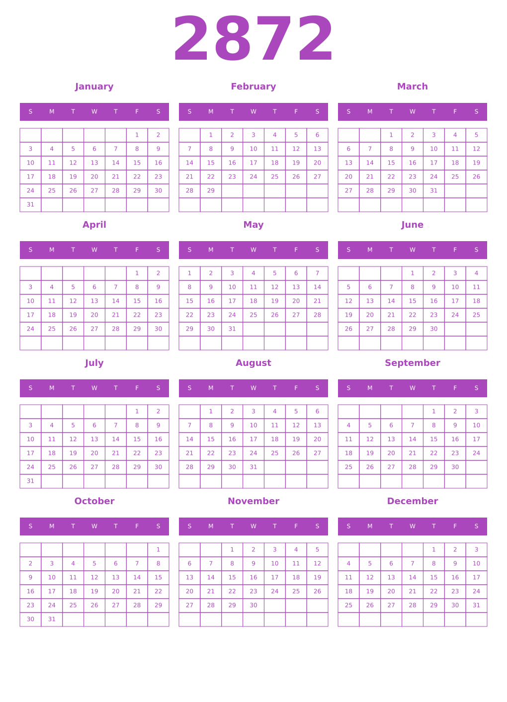 Printable 2872 Year Calendars purple