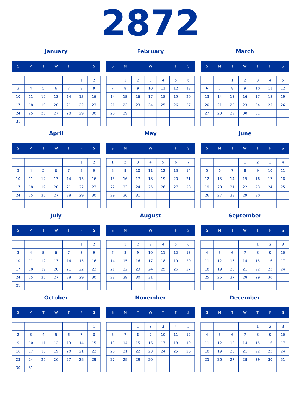 Printable 2872 Year Calendars smalt