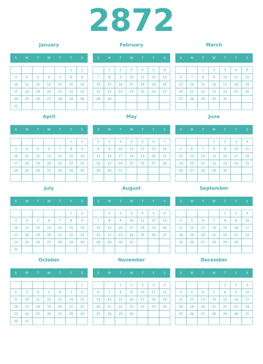 Printable 2872 Year Calendars verdigris