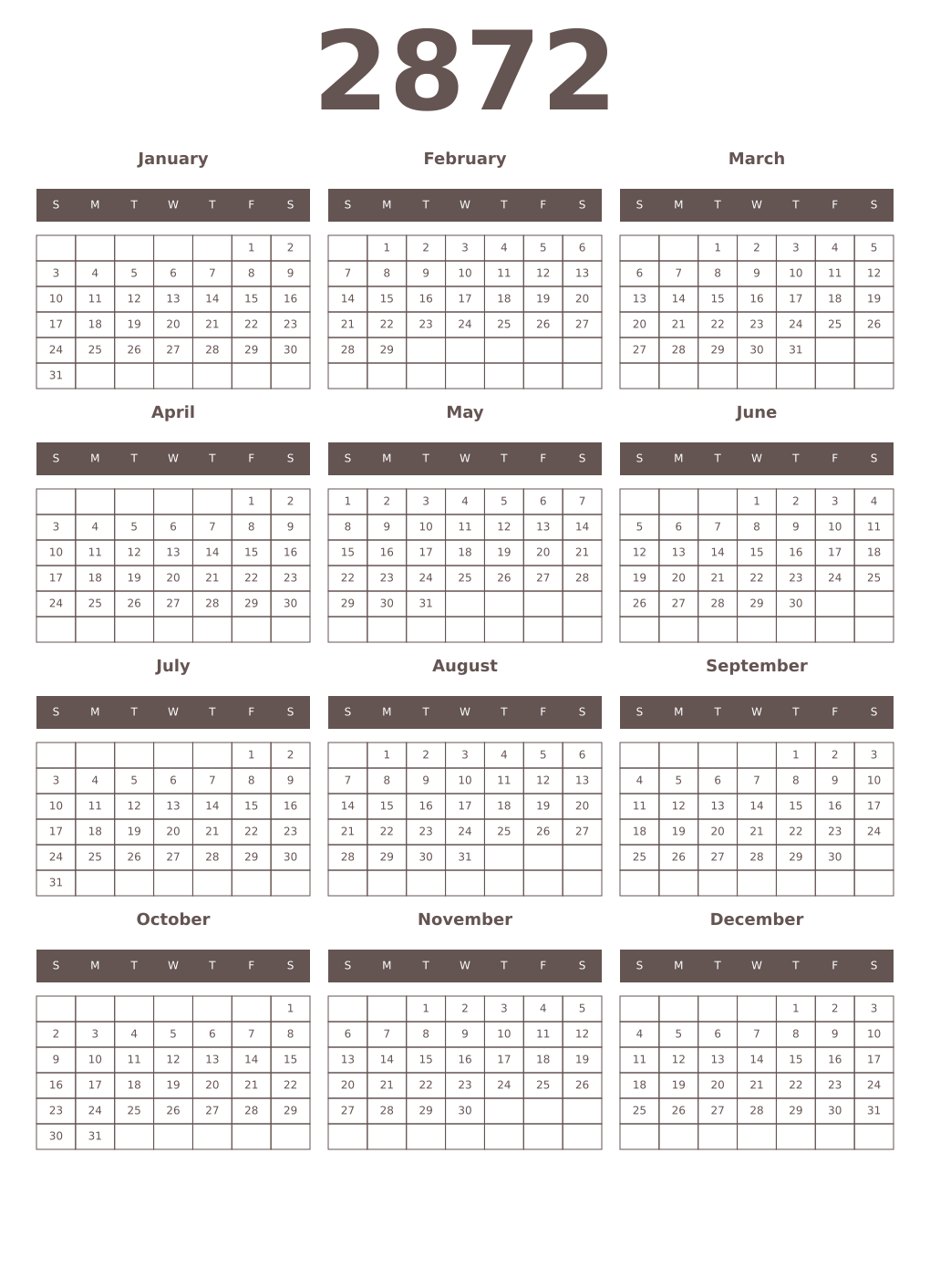 Printable 2872 Year Calendars wenge