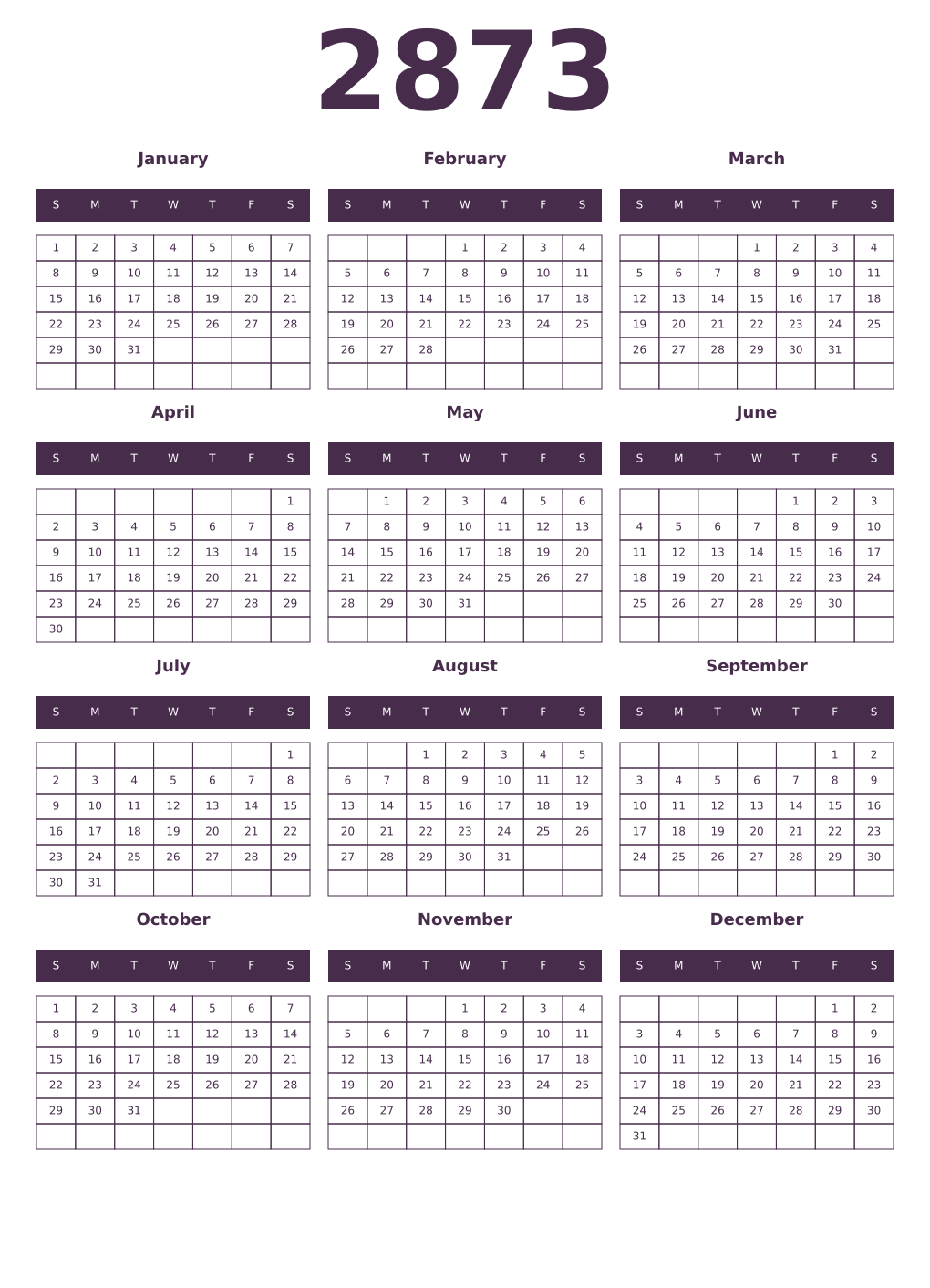Printable 2873 Year Calendars aubergine