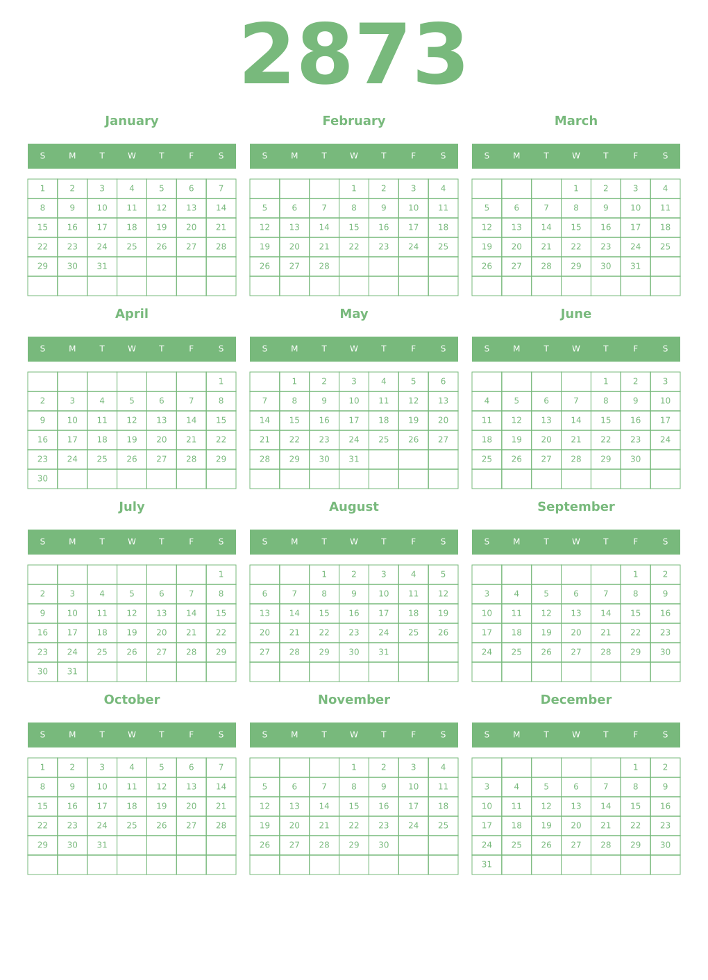 Printable 2873 Year Calendars celadon