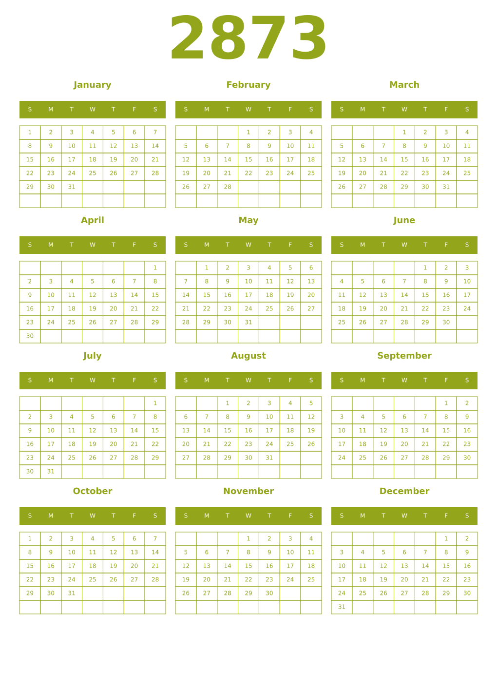 Printable 2873 Year Calendars chartreuse