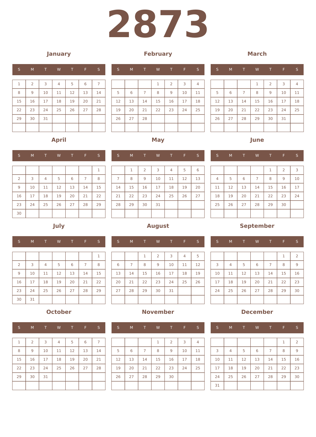 Printable 2873 Year Calendars coffe