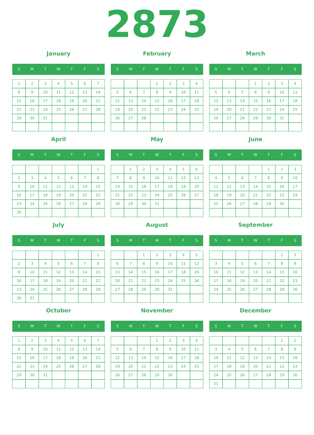 Printable 2873 Year Calendars green