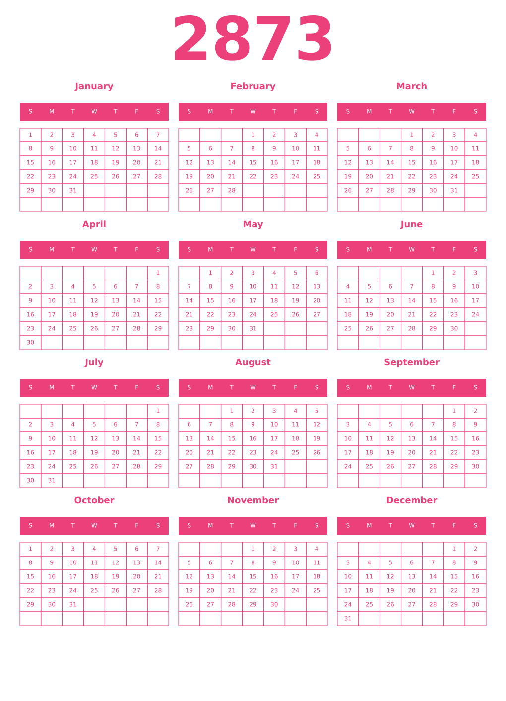 Printable 2873 Year Calendars pink