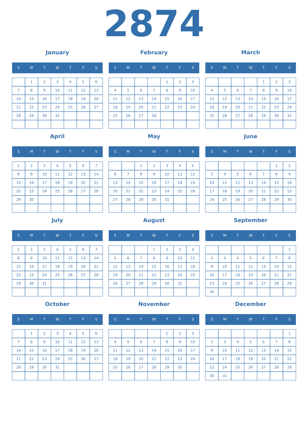 Printable 2874 Year Calendars blue