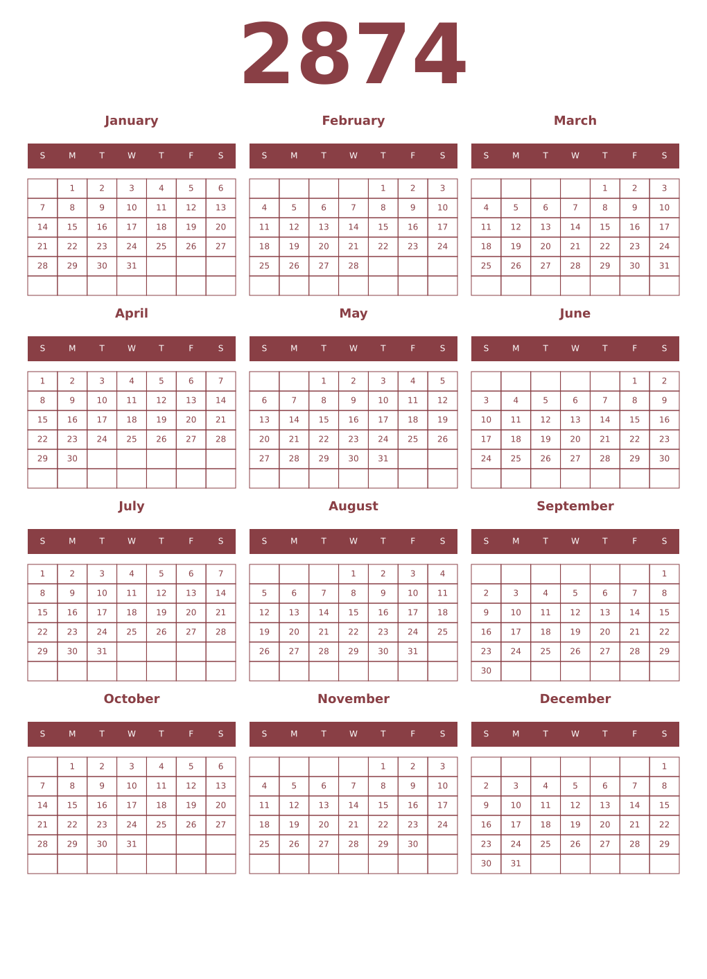 Printable 2874 Year Calendars cordovan