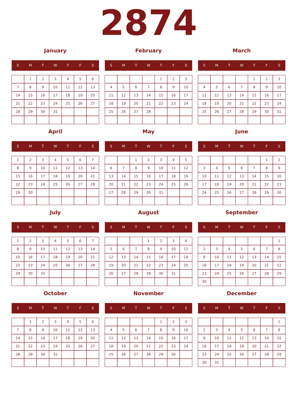 Printable 2874 Year Calendars falu