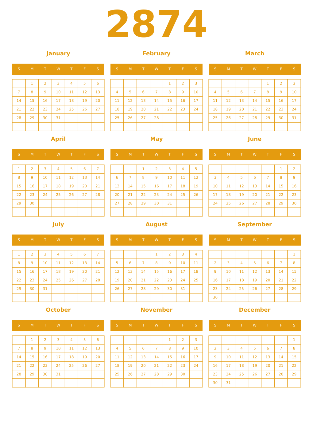 Printable 2874 Year Calendars gamboge