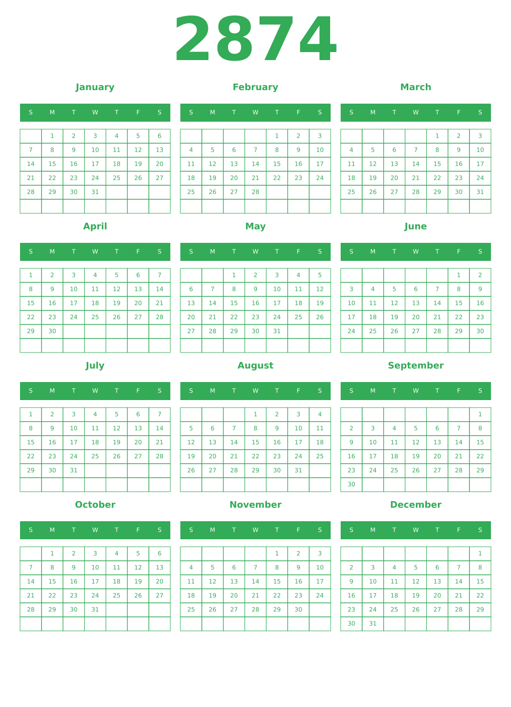 Printable 2874 Year Calendars green