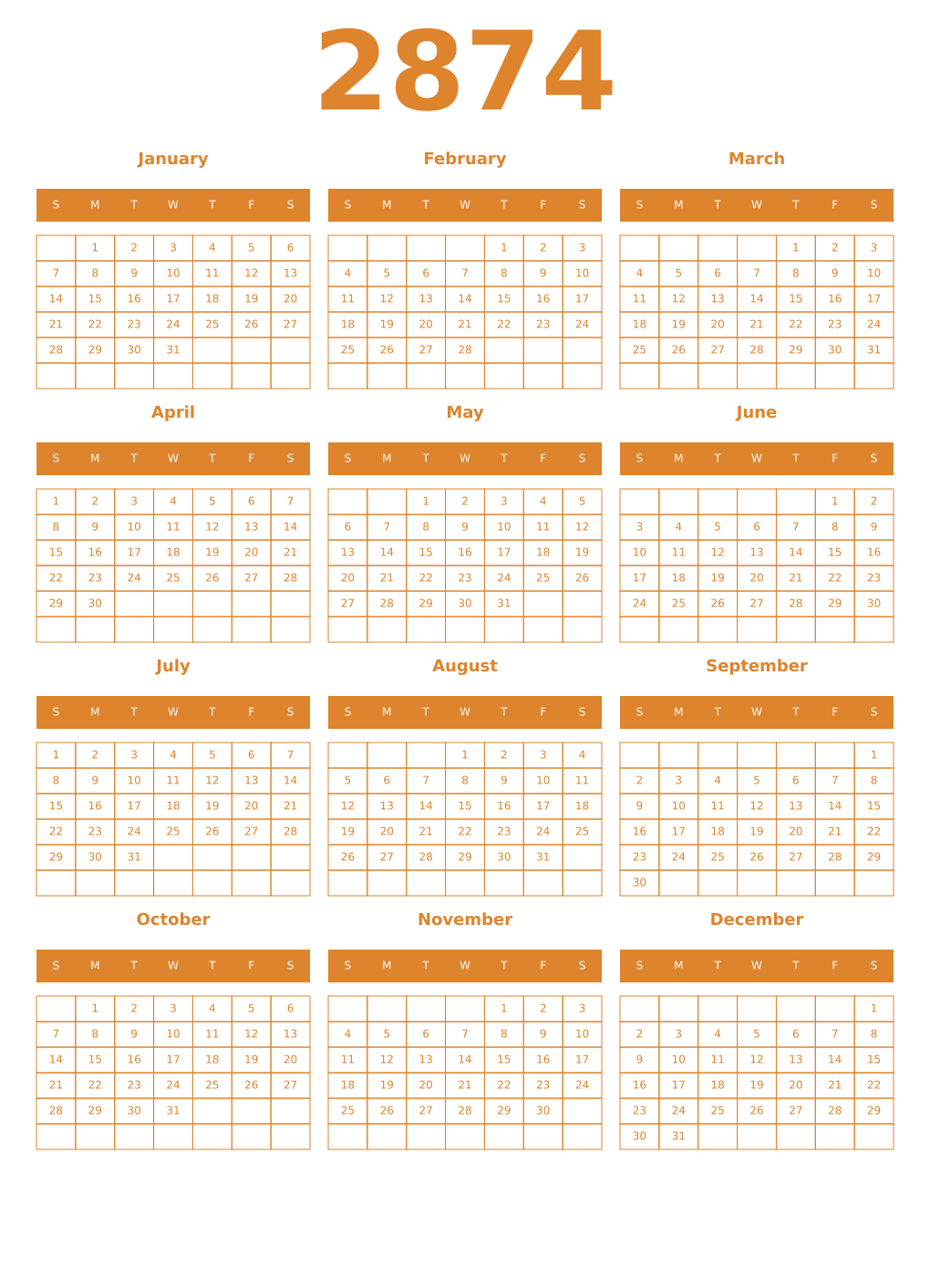 Printable 2874 Year Calendars orange