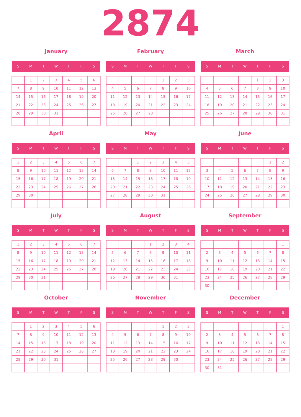 Printable 2874 Year Calendars pink