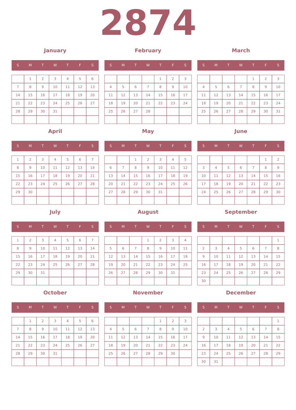 Printable 2874 Year Calendars puce