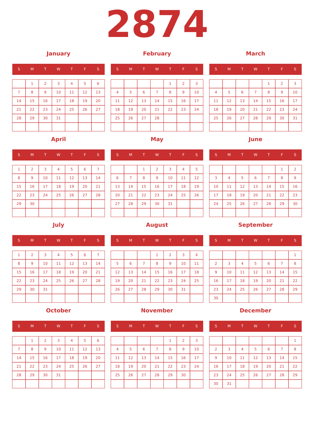 Printable 2874 Year Calendars red