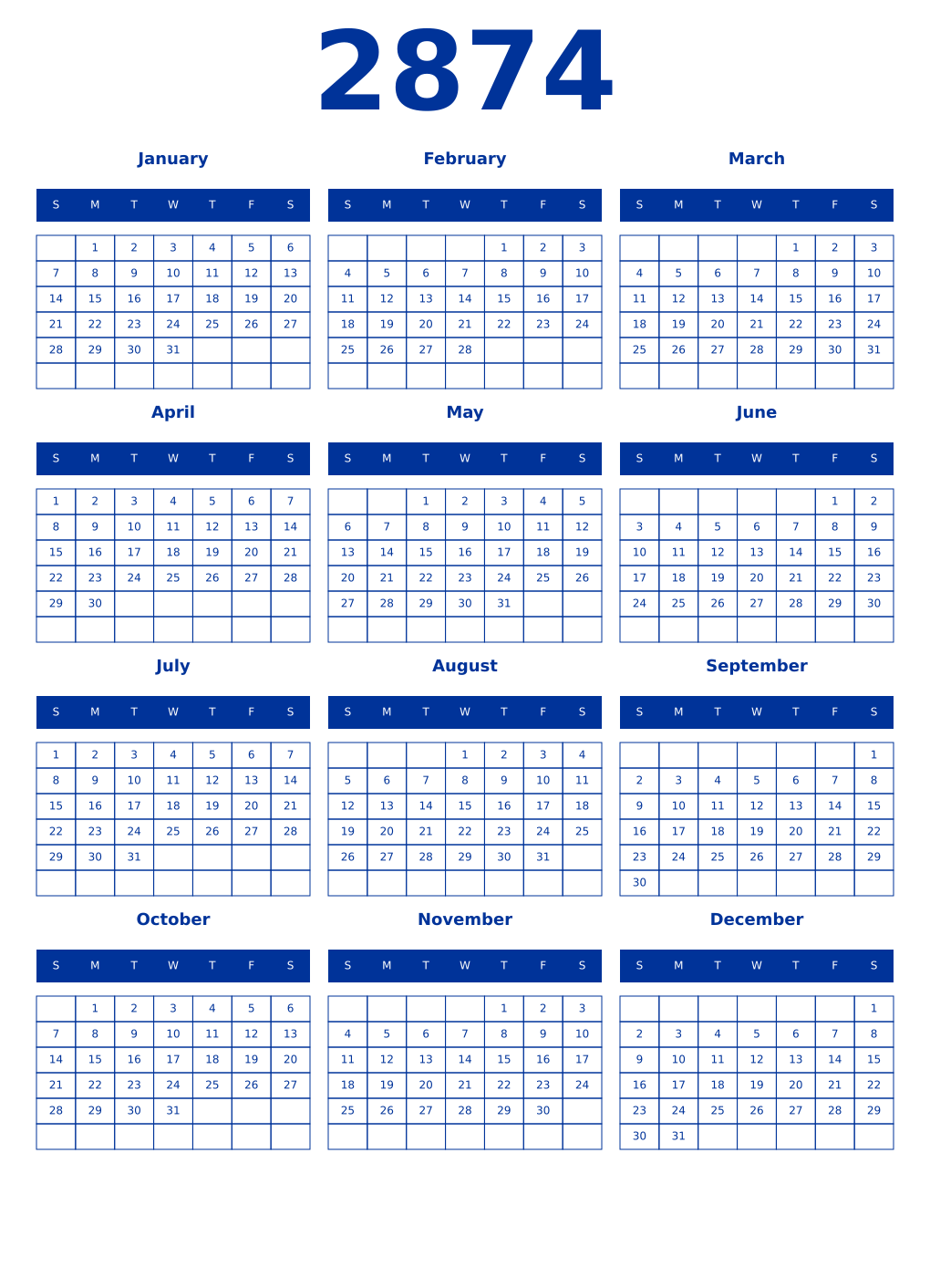Printable 2874 Year Calendars smalt