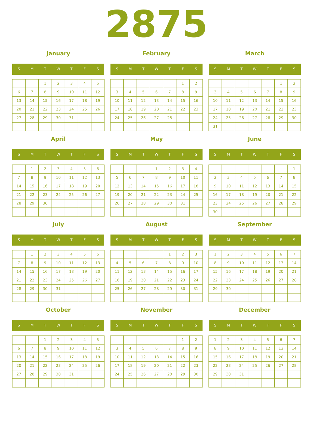 Printable 2875 Year Calendars chartreuse