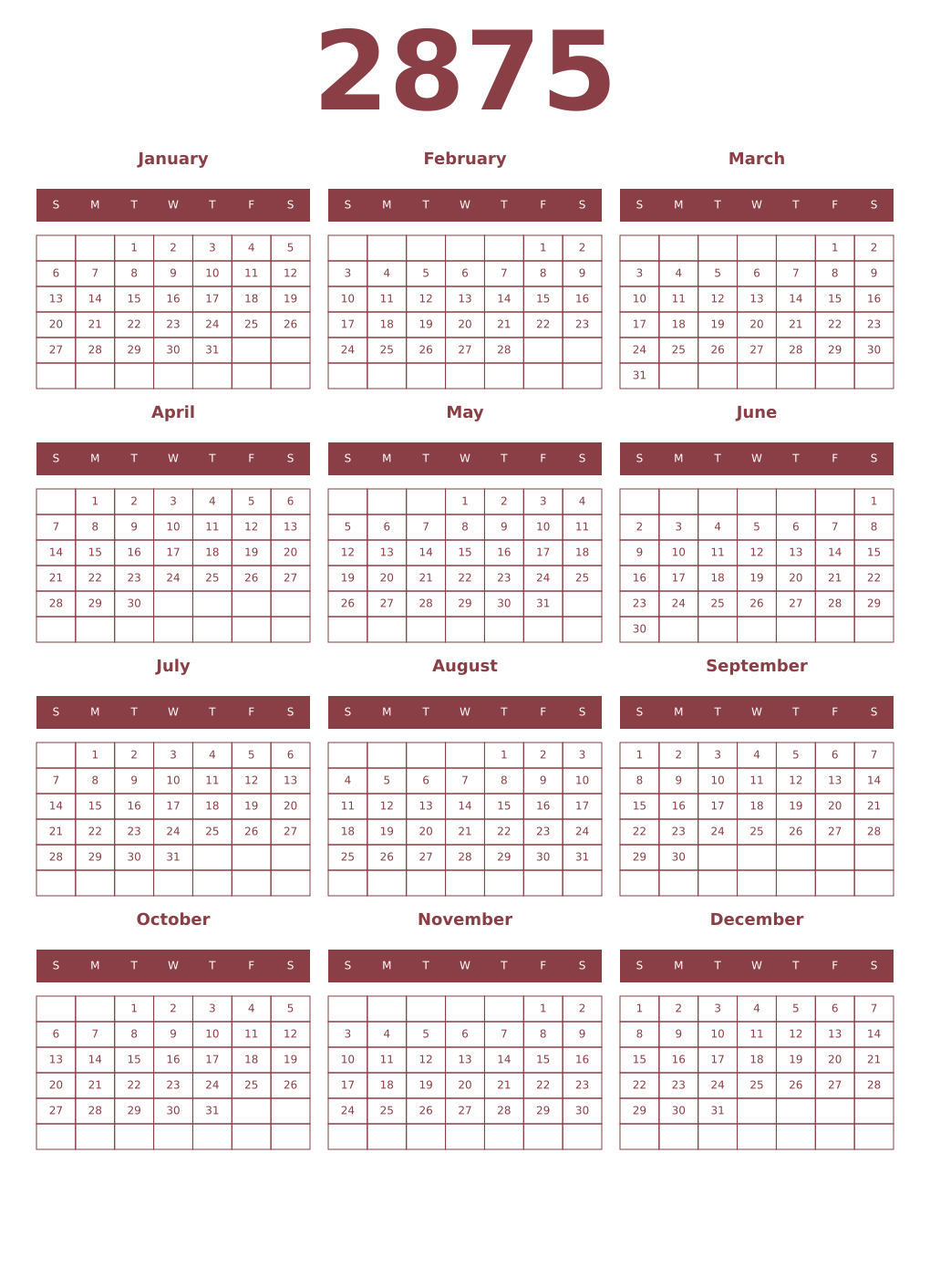 Printable 2875 Year Calendars cordovan