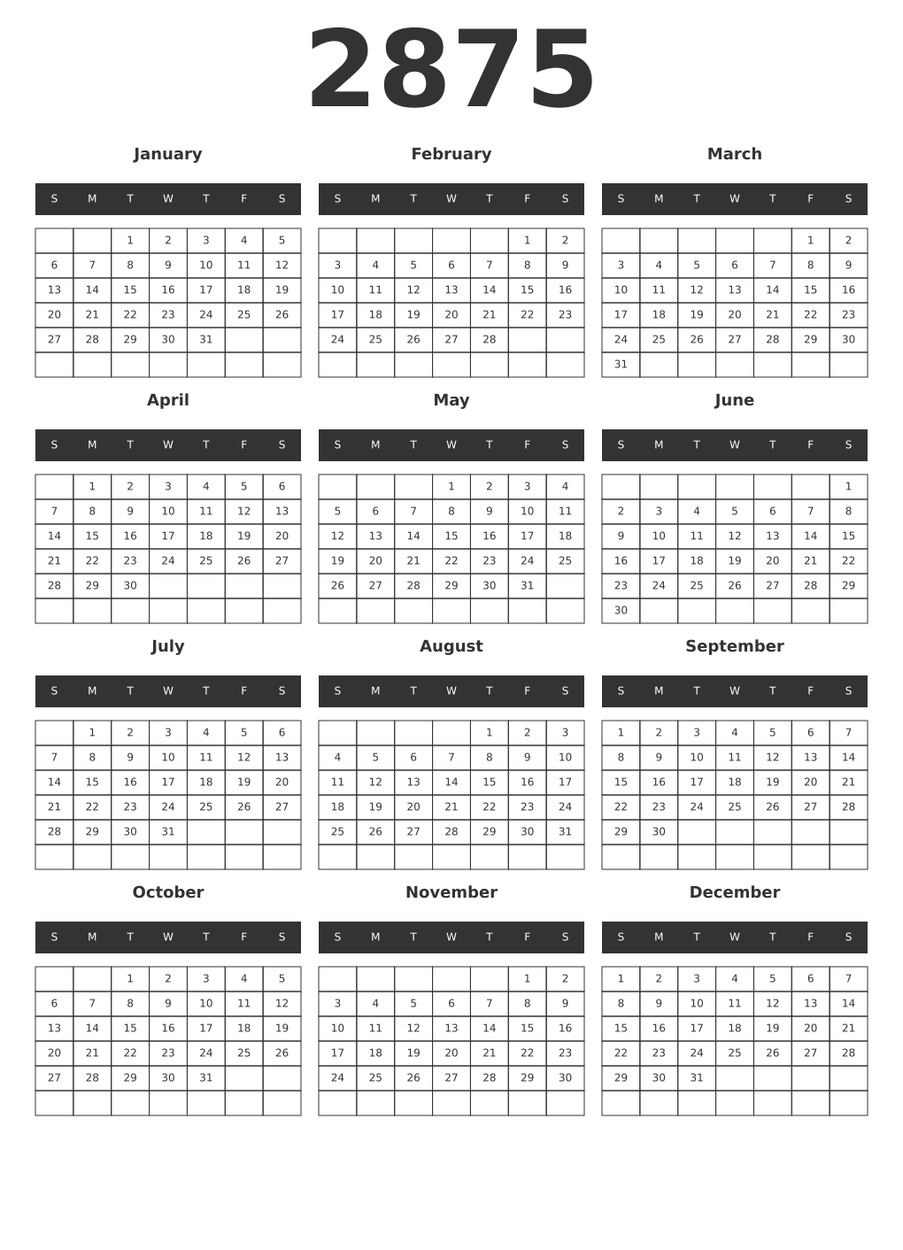Printable 2875 Year Calendars dark