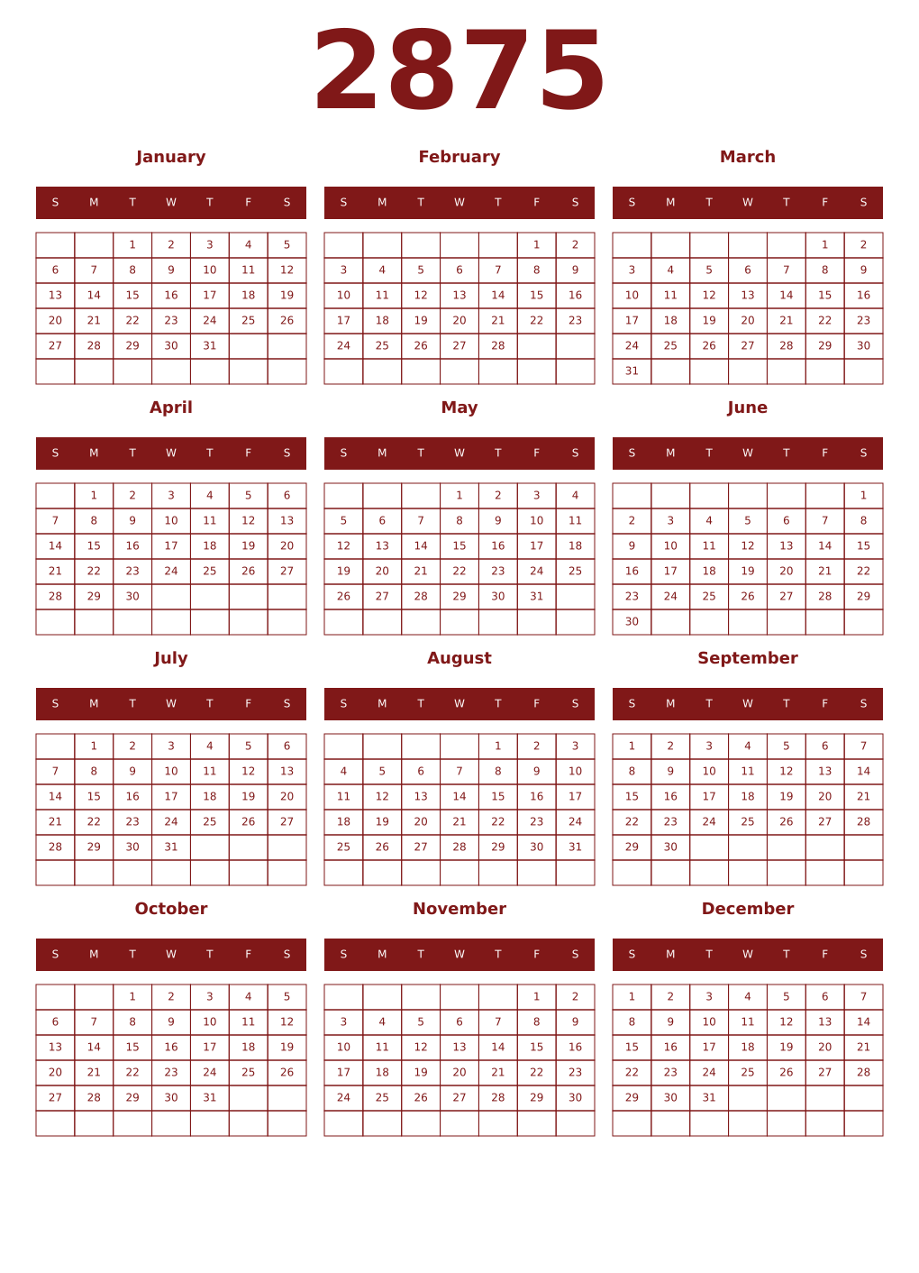 Printable 2875 Year Calendars falu