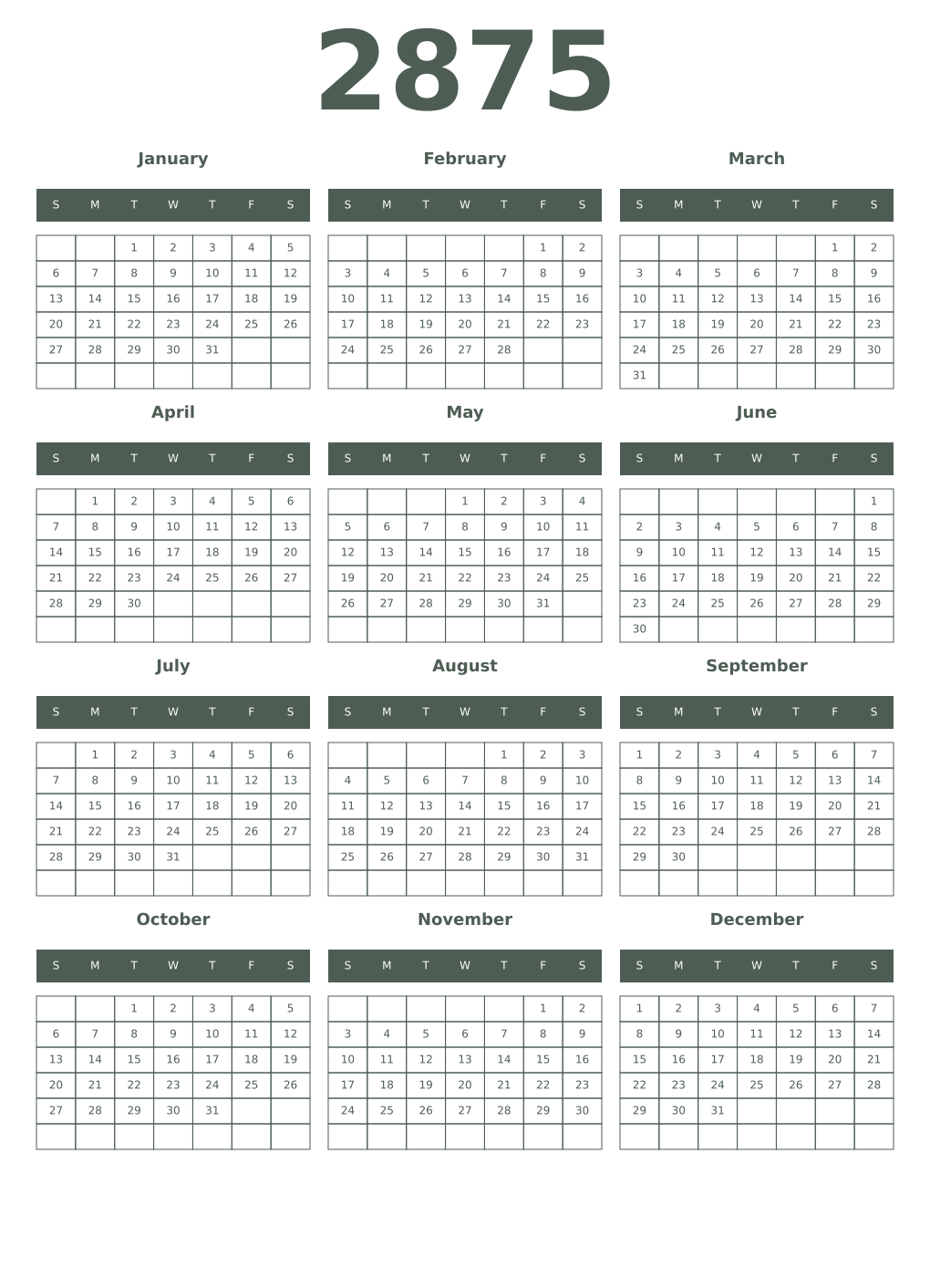 Printable 2875 Year Calendars feldgrau