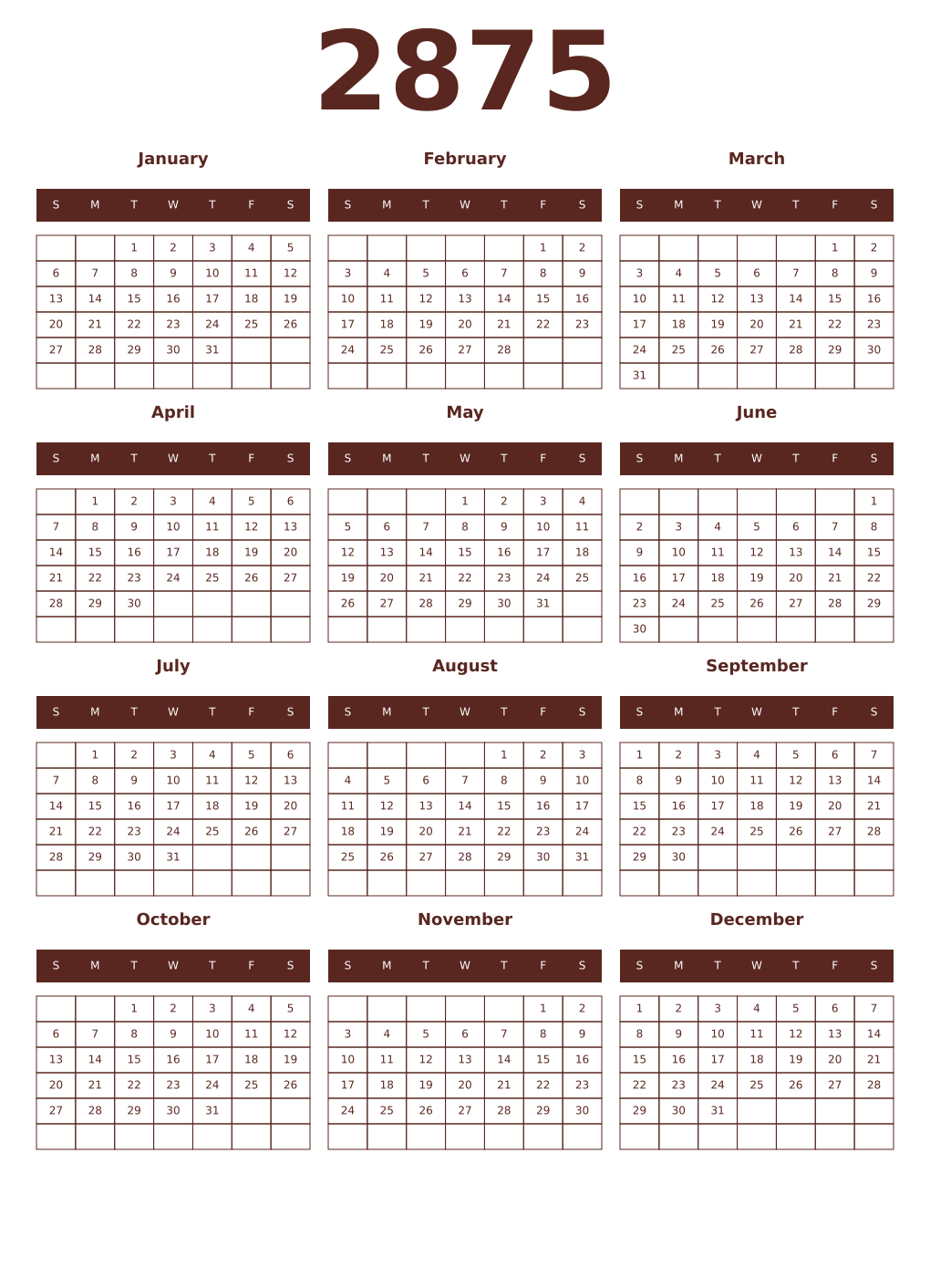 Printable 2875 Year Calendars mortuum