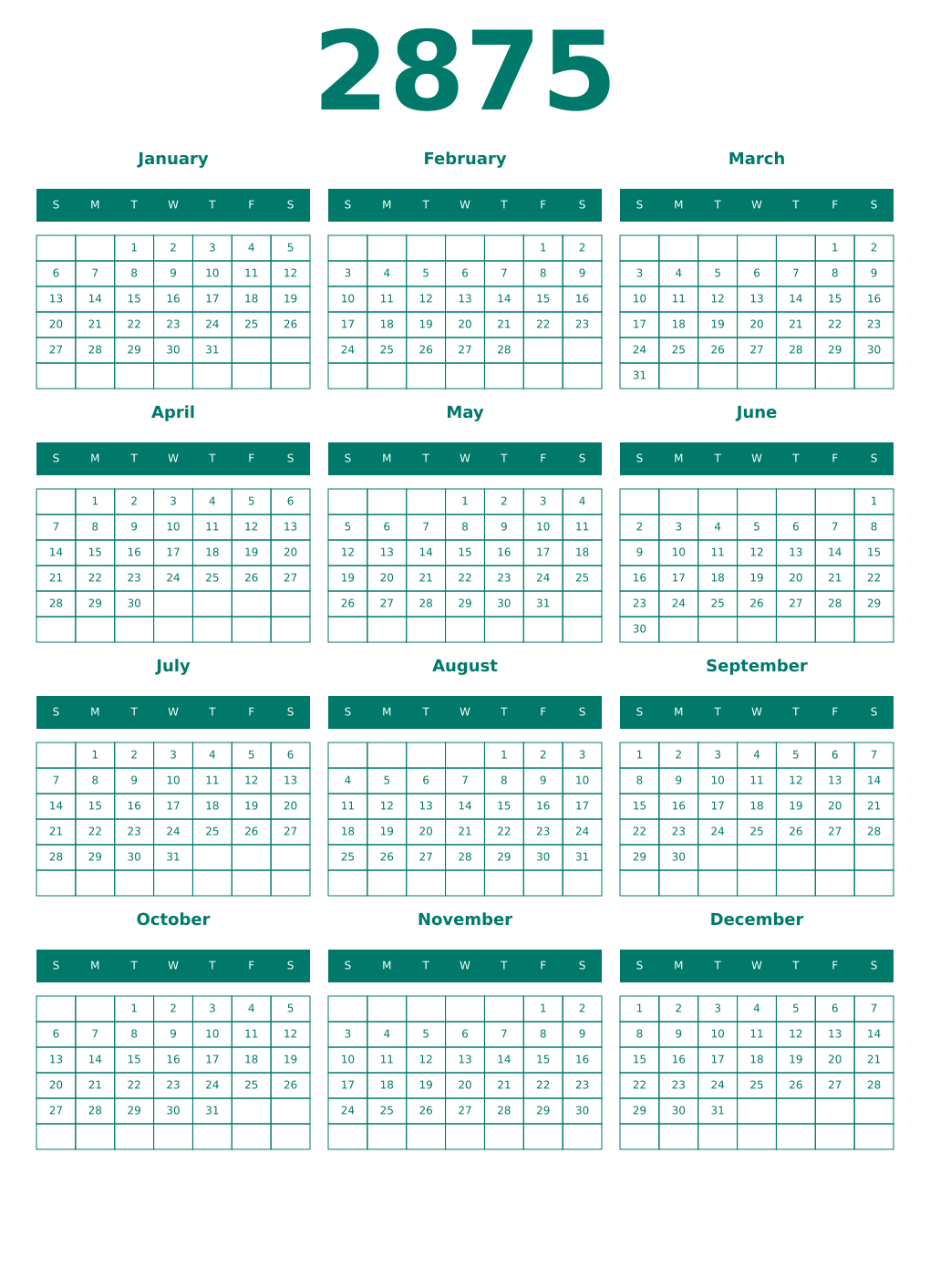 Printable 2875 Year Calendars pastel