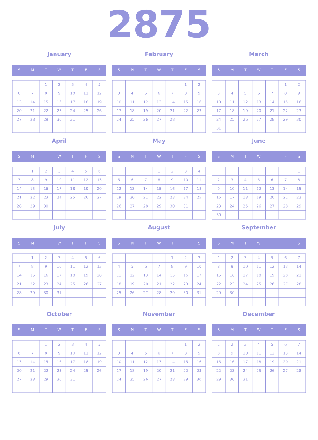 Printable 2875 Year Calendars periwinkle
