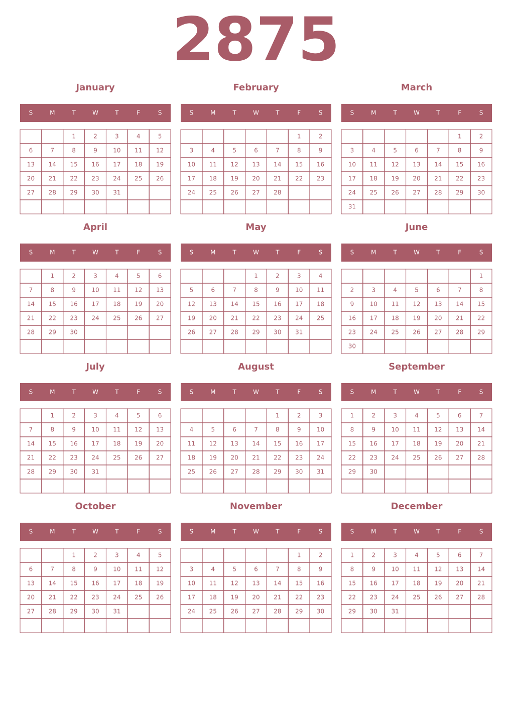 Printable 2875 Year Calendars puce
