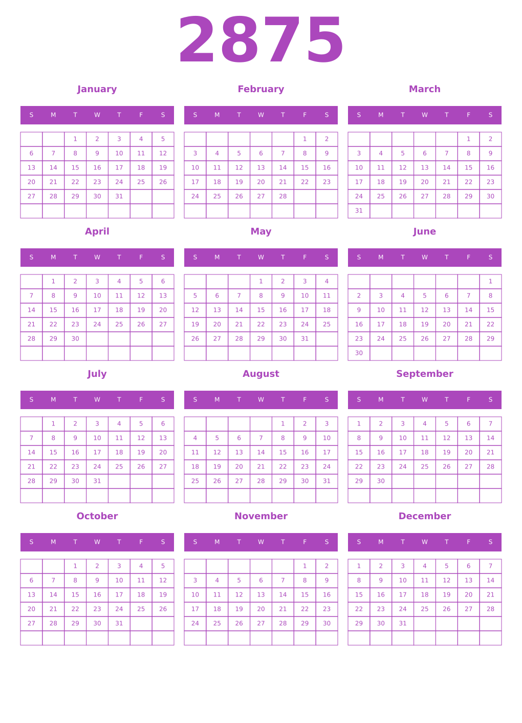 Printable 2875 Year Calendars purple
