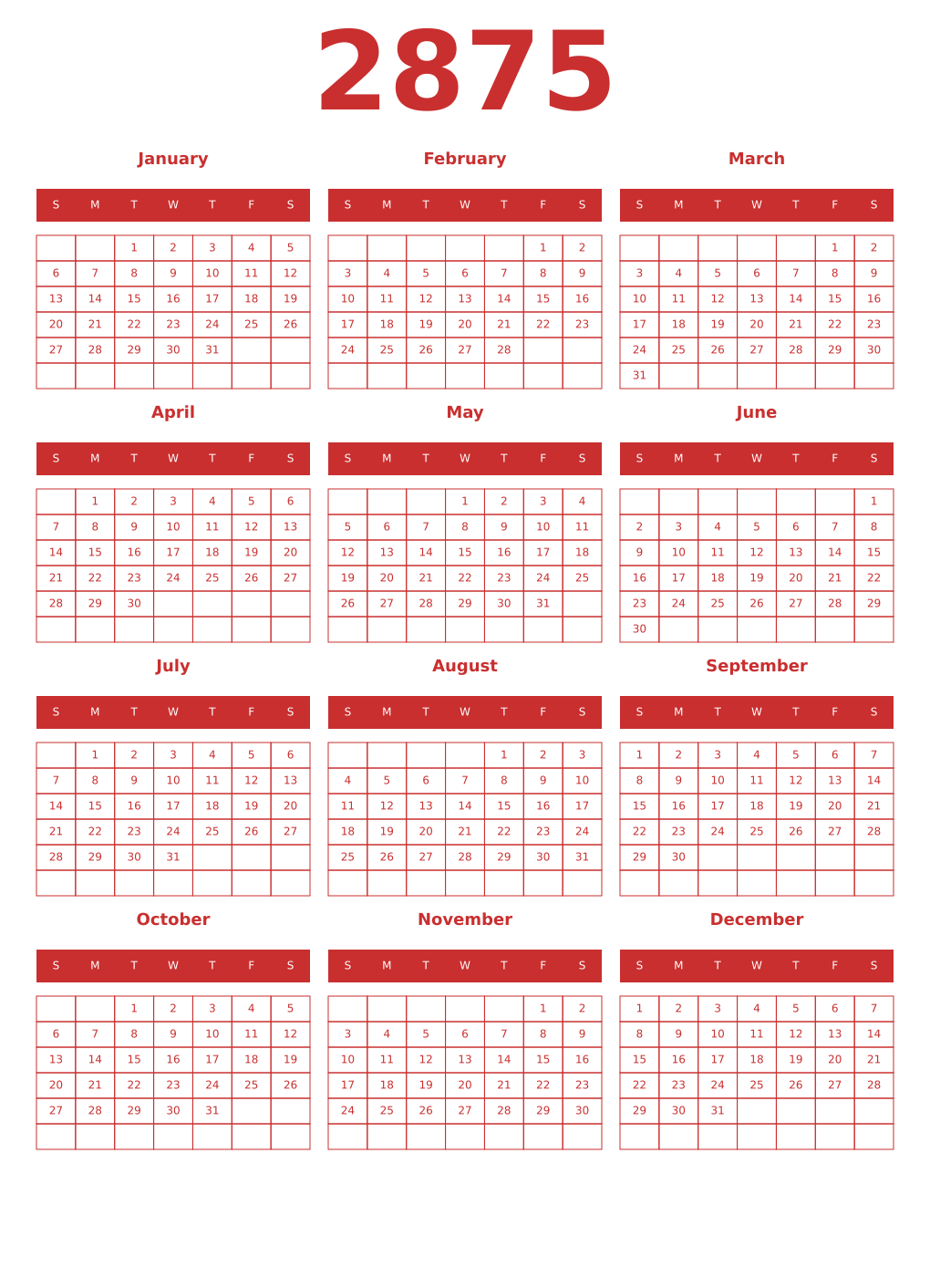 Printable 2875 Year Calendars red