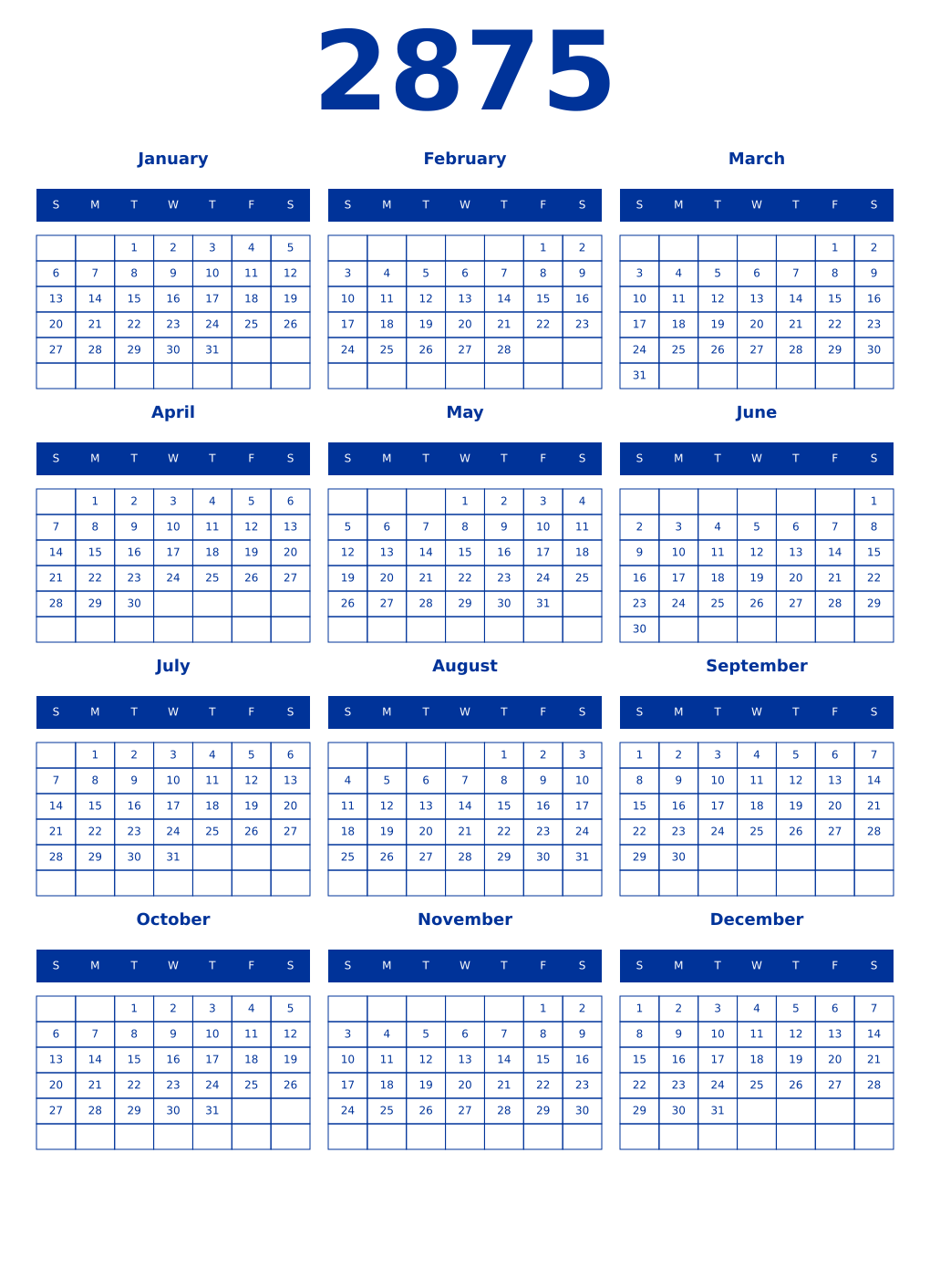 Printable 2875 Year Calendars smalt