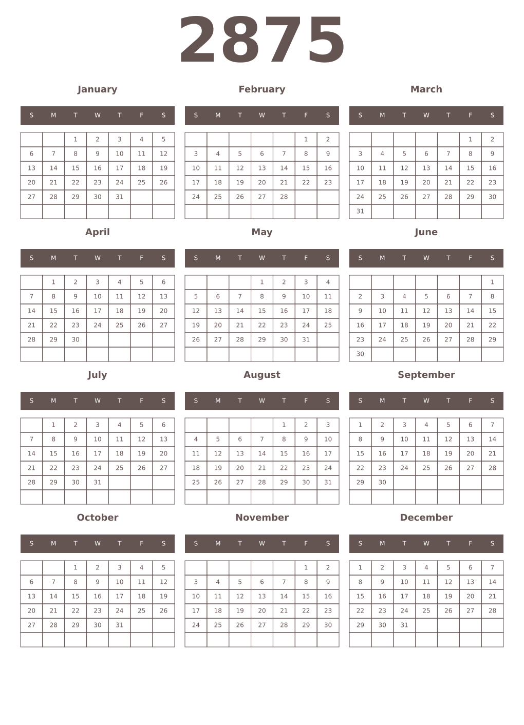 Printable 2875 Year Calendars wenge