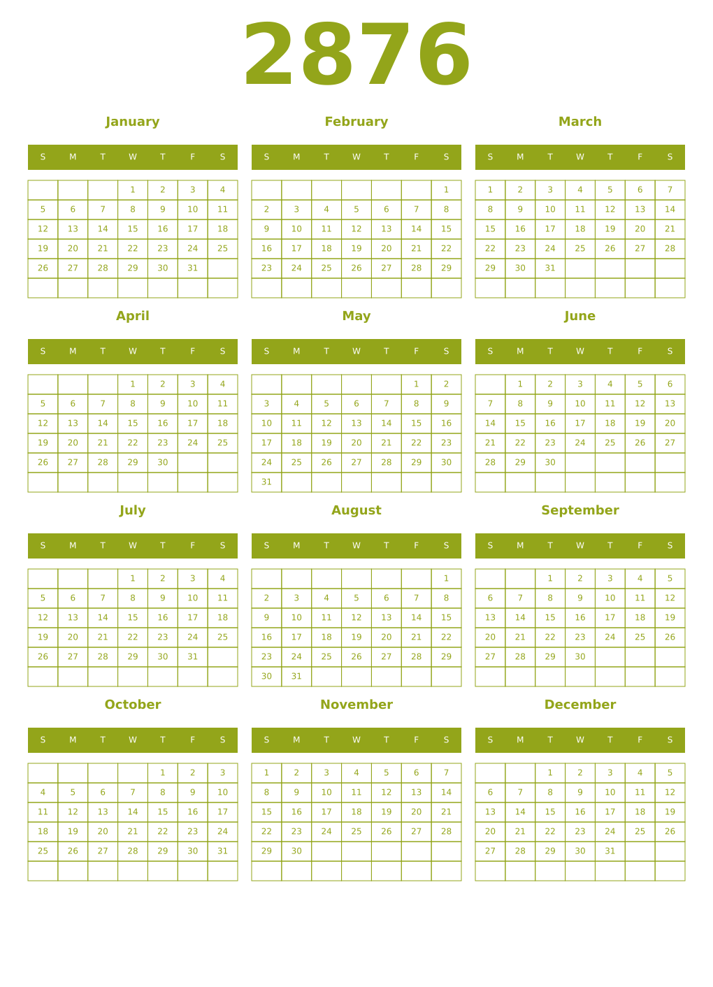 Printable 2876 Year Calendars chartreuse