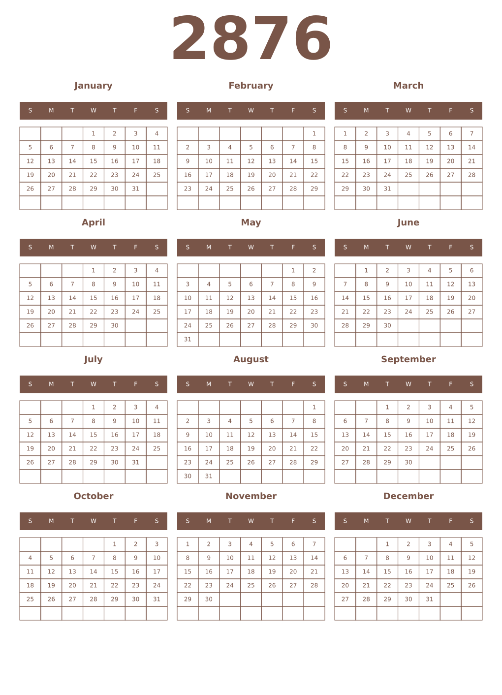 Printable 2876 Year Calendars coffe
