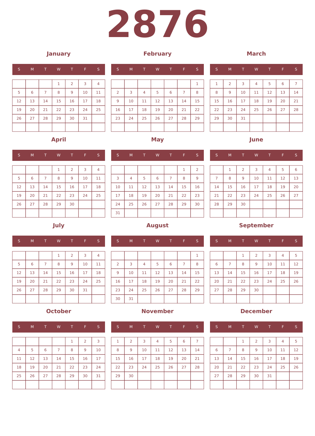Printable 2876 Year Calendars cordovan