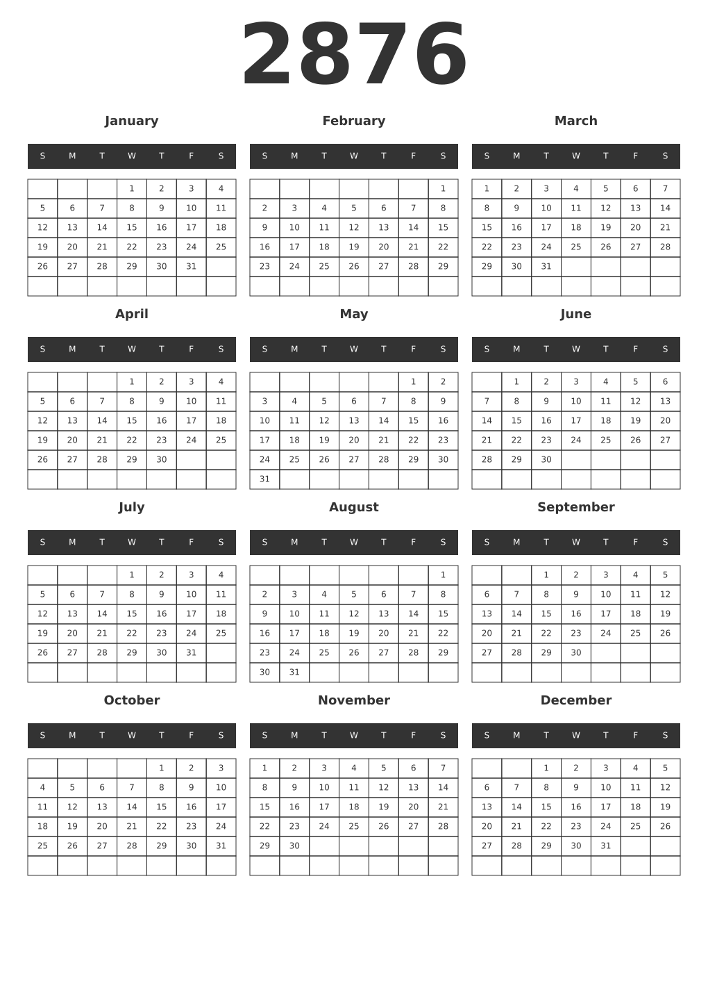 Printable 2876 Year Calendars dark
