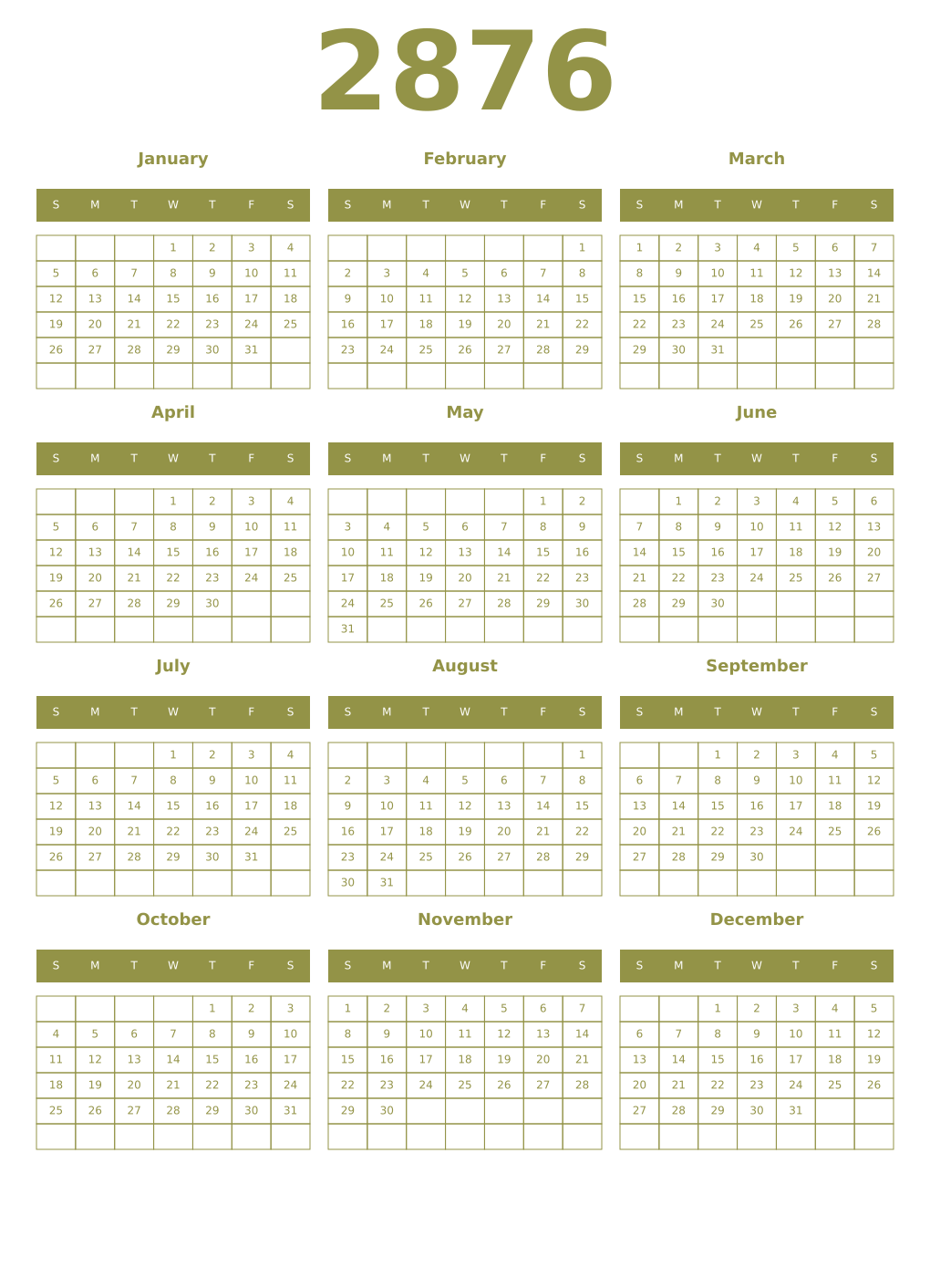 Printable 2876 Year Calendars eburnean