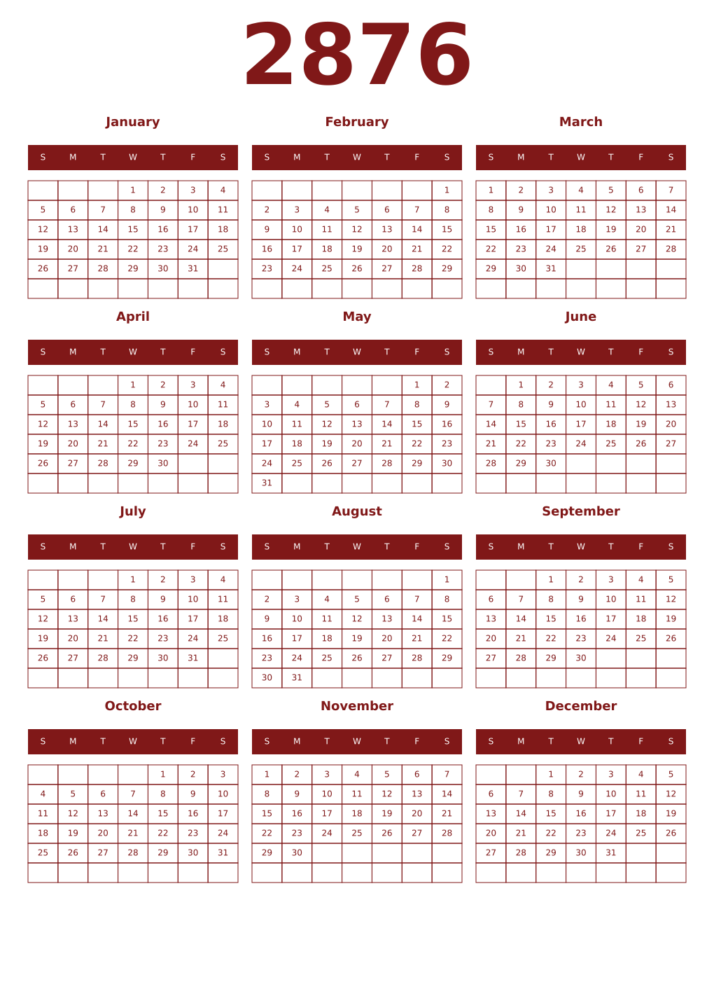 Printable 2876 Year Calendars falu